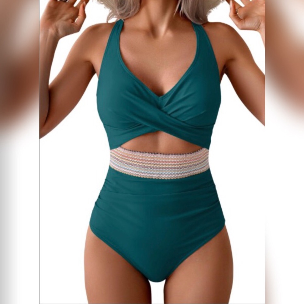 Teal Cutout One-Piece Swimsuit with Smocked Waistband